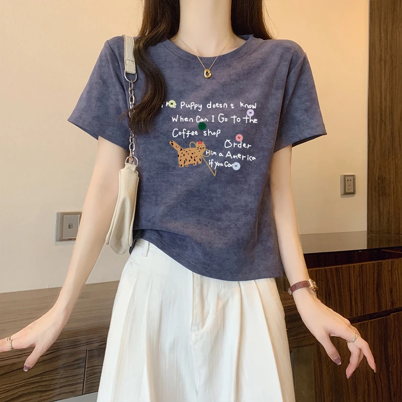 2025新款美式甜辣短袖t恤女夏季宽松显瘦扎染复古设计感正肩上衣