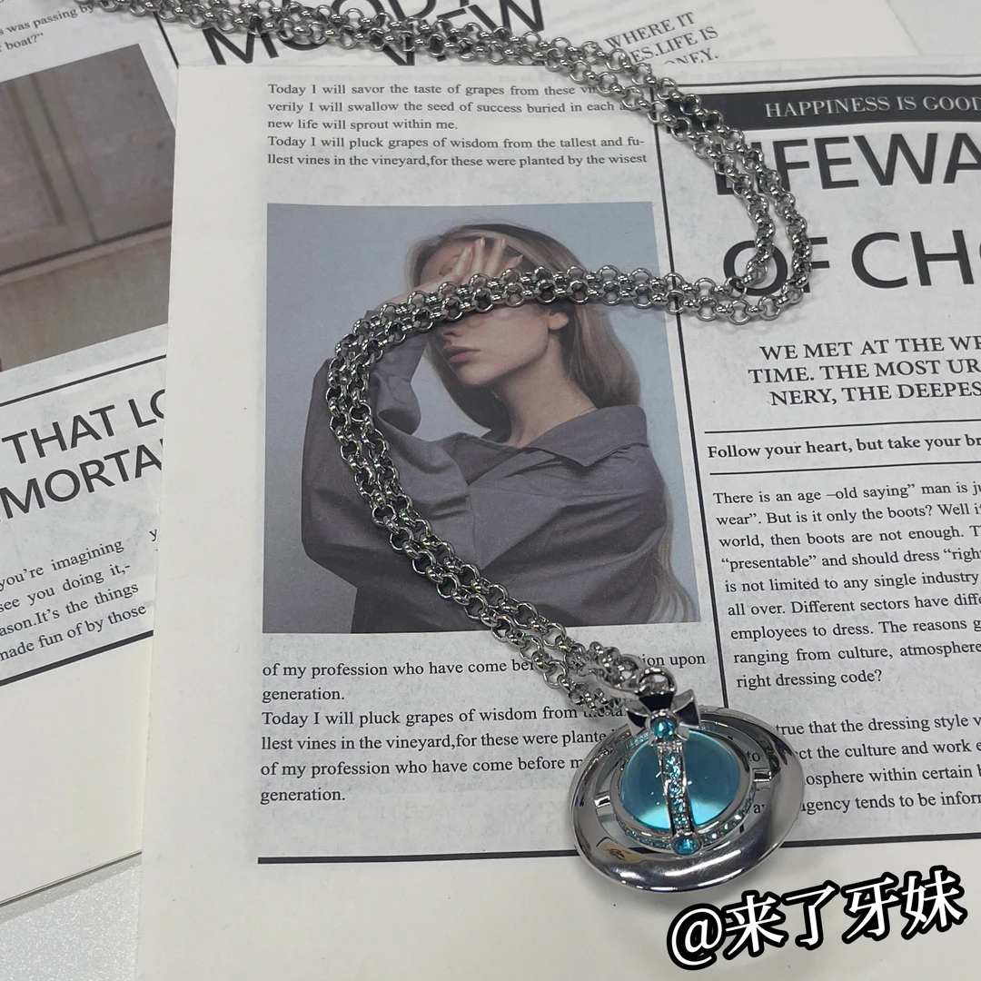 合金项链 大号冰川蓝土星项链轻奢时尚百搭小众小众个性