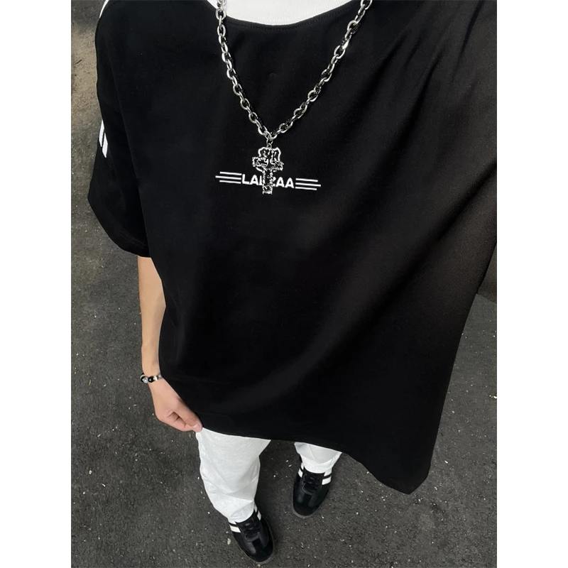 labzaa美式简约字母印花短袖T恤男夏季个性三条杠黑色设计感上衣