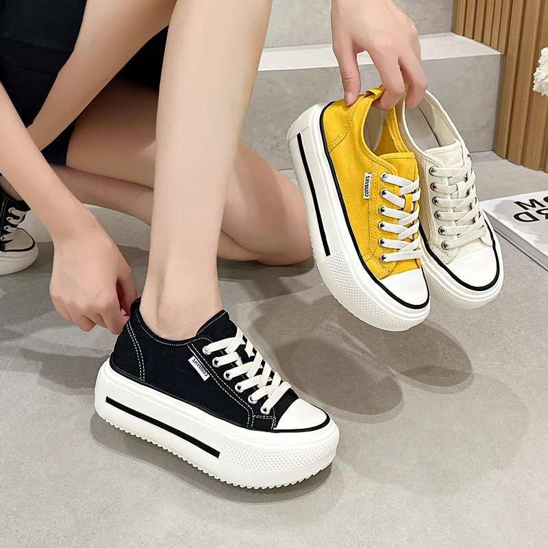 小码女鞋313233秋季2025新款一脚蹬34小个子增高帆布鞋女厚底黑色