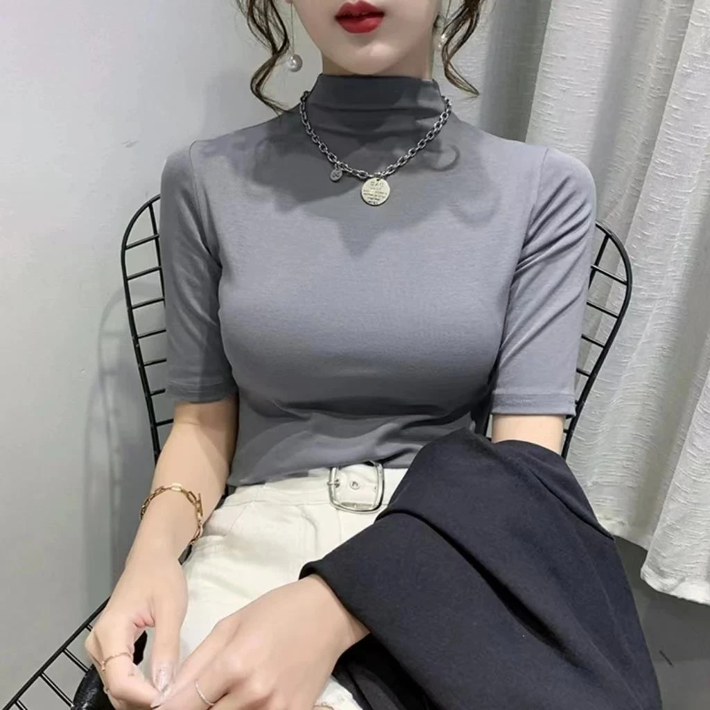 2024新款春秋季半高领中袖打底衫女百搭大码修身内搭五分袖上衣