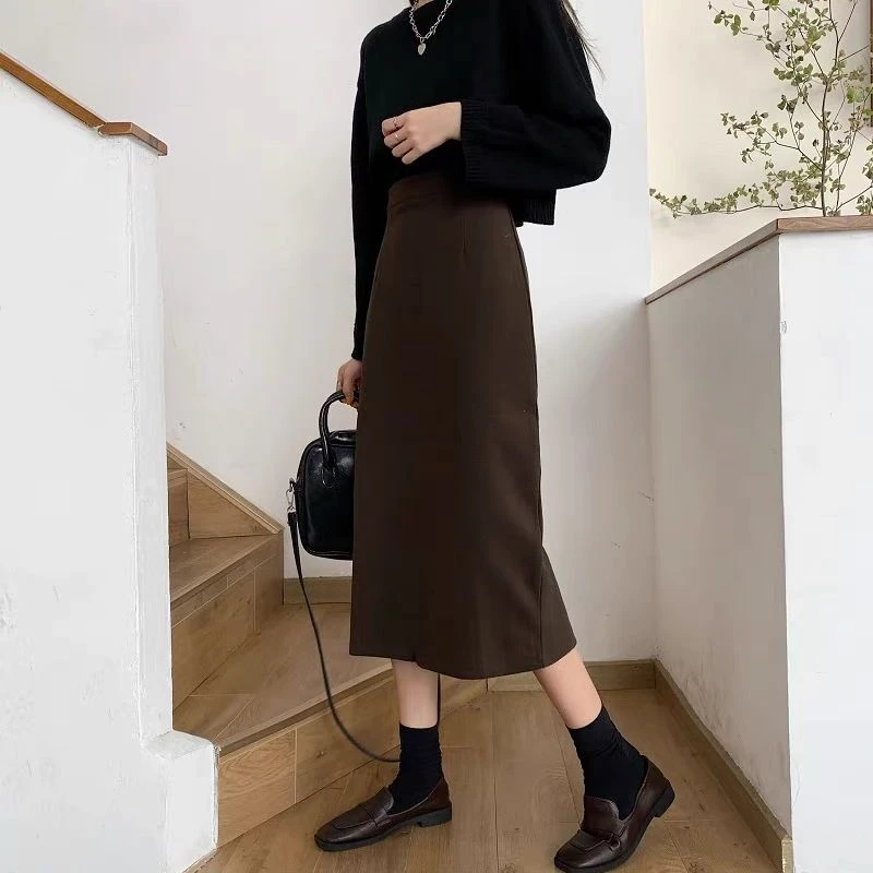 青倾家【优雅格调】秋冬黑色半身裙高腰后a字长裙小个子中长款A裙