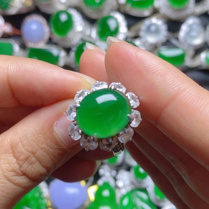 翡翠银S925镶嵌挂件蛋面女戒