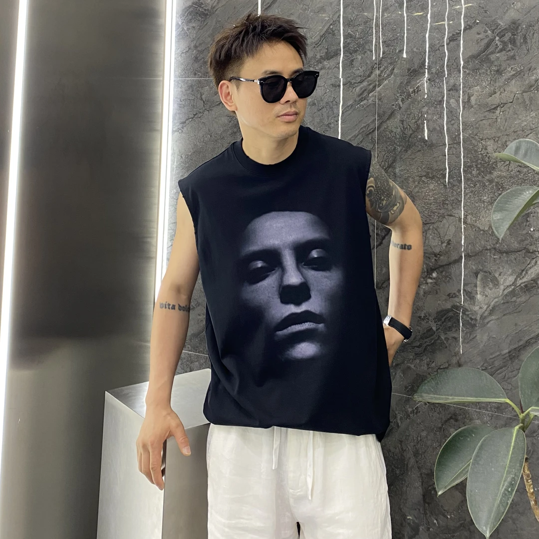 夏季人像印花油墨直喷纯棉宽松无袖T恤短袖T恤痞帅个性潮流上衣男