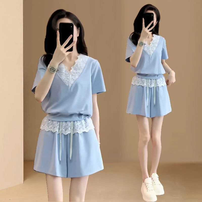 小香风气质休闲套装女2025夏季新款设计感v领短袖上衣短裤两件套