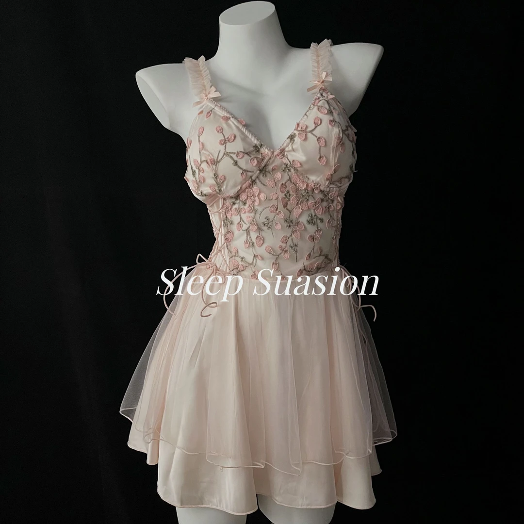 心弦【80-140斤】优雅气质带胸垫睡裙夏季薄款吊带睡衣显瘦连体裙女