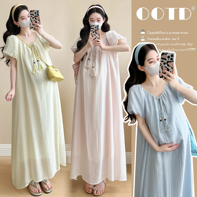 时髦夏季孕妇装2025夏季新款度假风简约纯色宽松大裙摆显瘦连衣裙