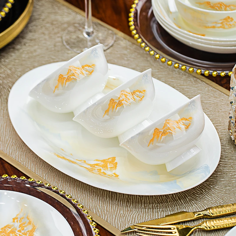 日照金山景德镇新中式轻奢碗筷餐具碗盘家用轻奢碗碟饭碗面碗汤碗