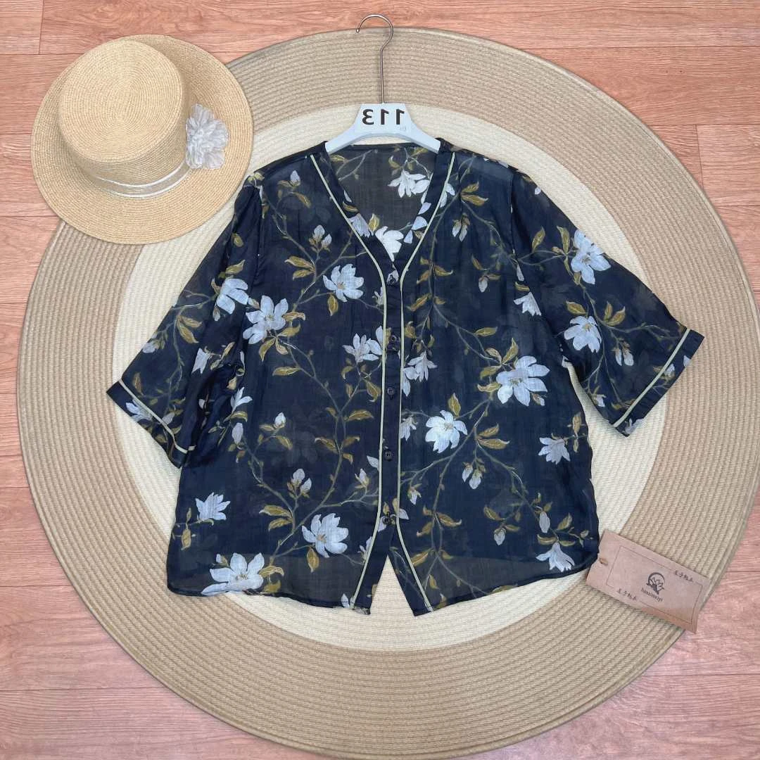 [113拍这里]复古国风刺绣印花苎麻小衫女2025夏新款上衣女休闲风