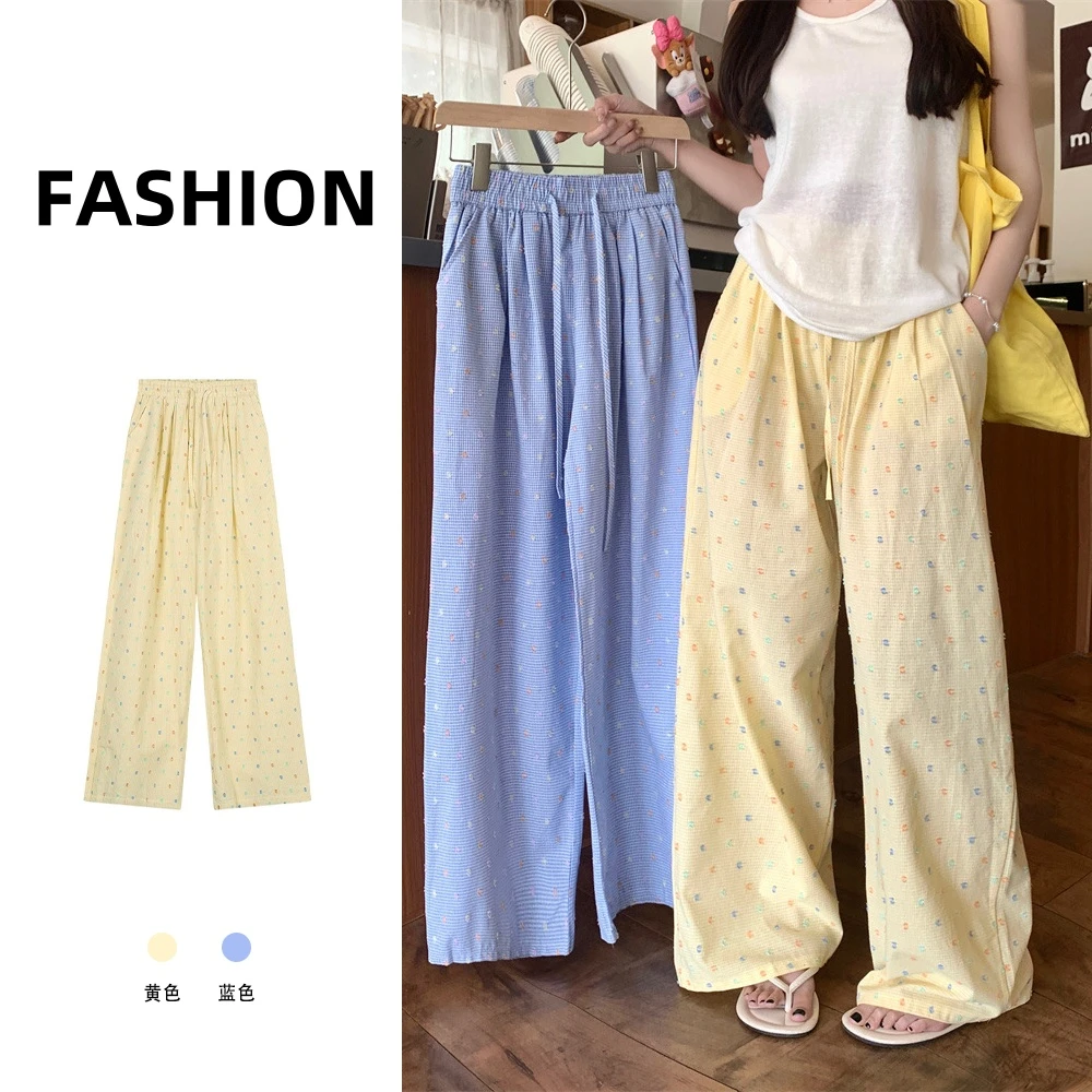 多巴胺波点格纹阔腿休闲裤女新款高腰直筒裤拖地裤百搭显瘦长裤