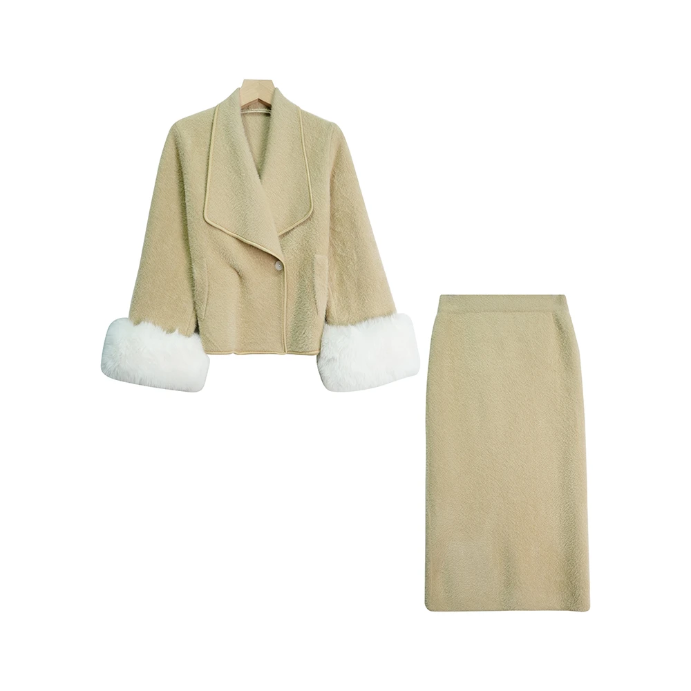 X8082【上新】气质名媛高级感毛毛拼接袖翻领开衫半身裙两件套3D