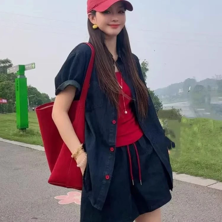 两件套休闲深蓝色牛仔套装女夏2025新款韩版短袖衬衫高腰抽绳短裤