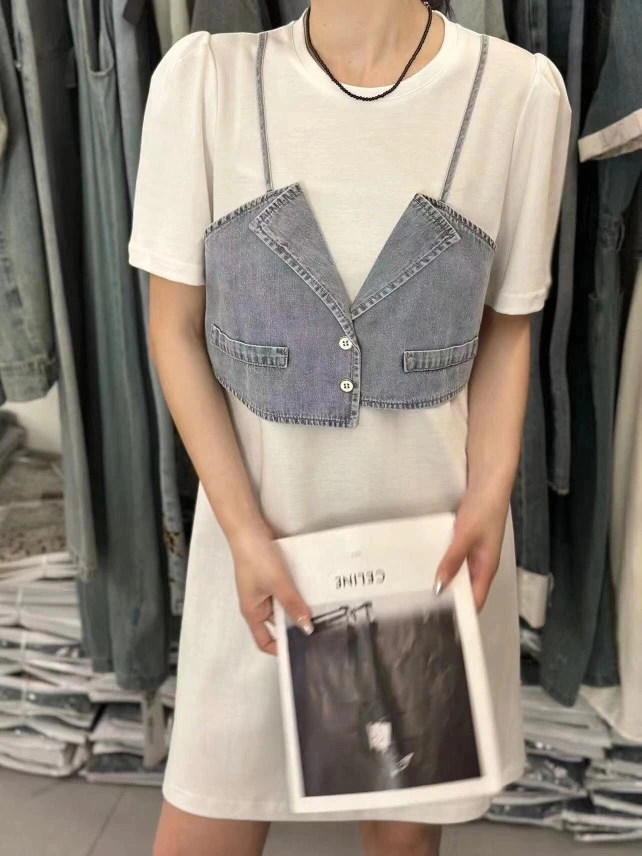 92106牛仔拼接裙女