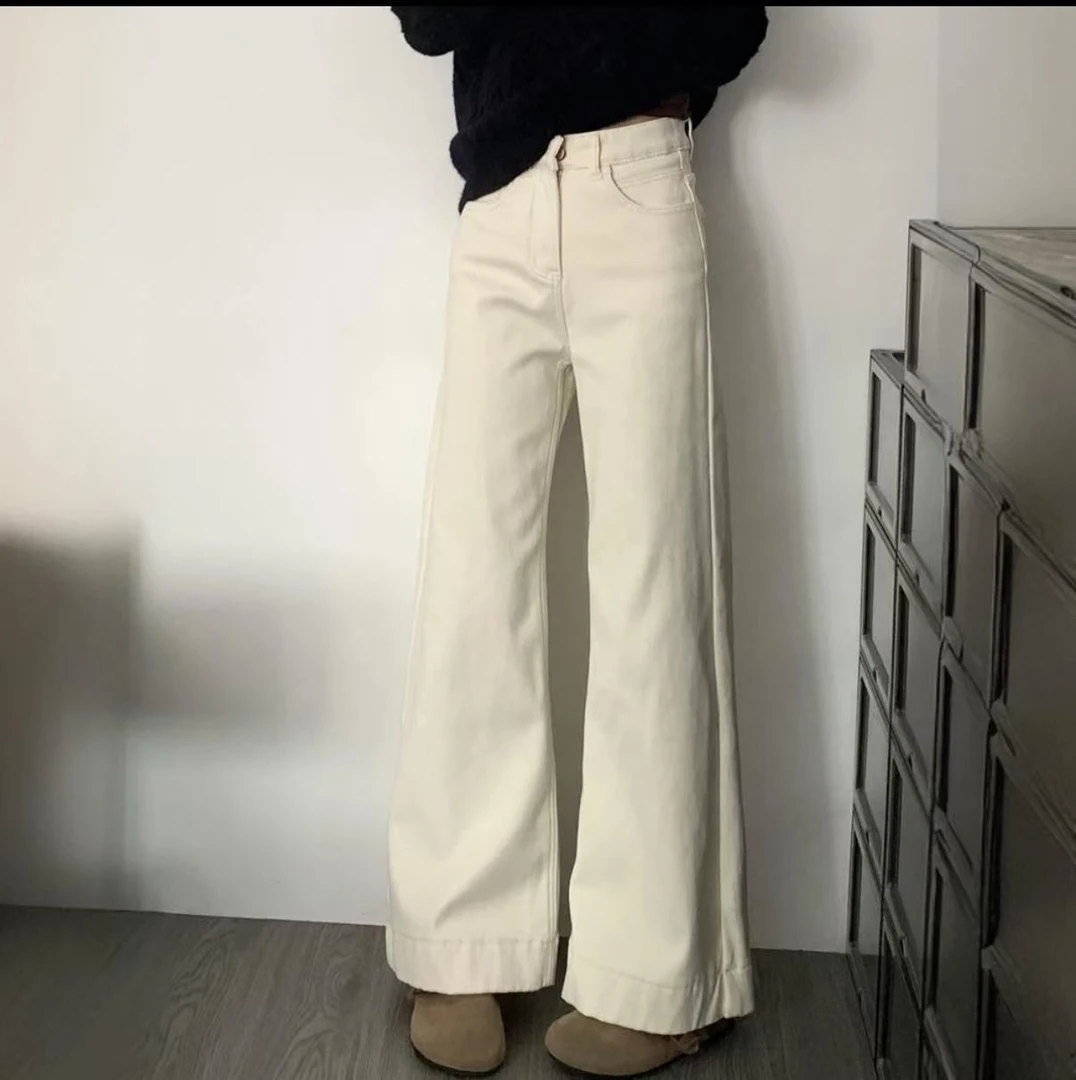 小个子秋季高腰显瘦直筒阔腿长裤女美式米白色不贴腿微喇叭牛仔裤