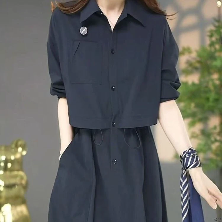 翻领夏装宽松工装风七分袖气质袖百搭A字裙休闲拼接H型显瘦连衣裙