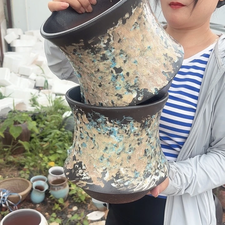 紫砂茶碗油画小蛮腰两个口径20高度20