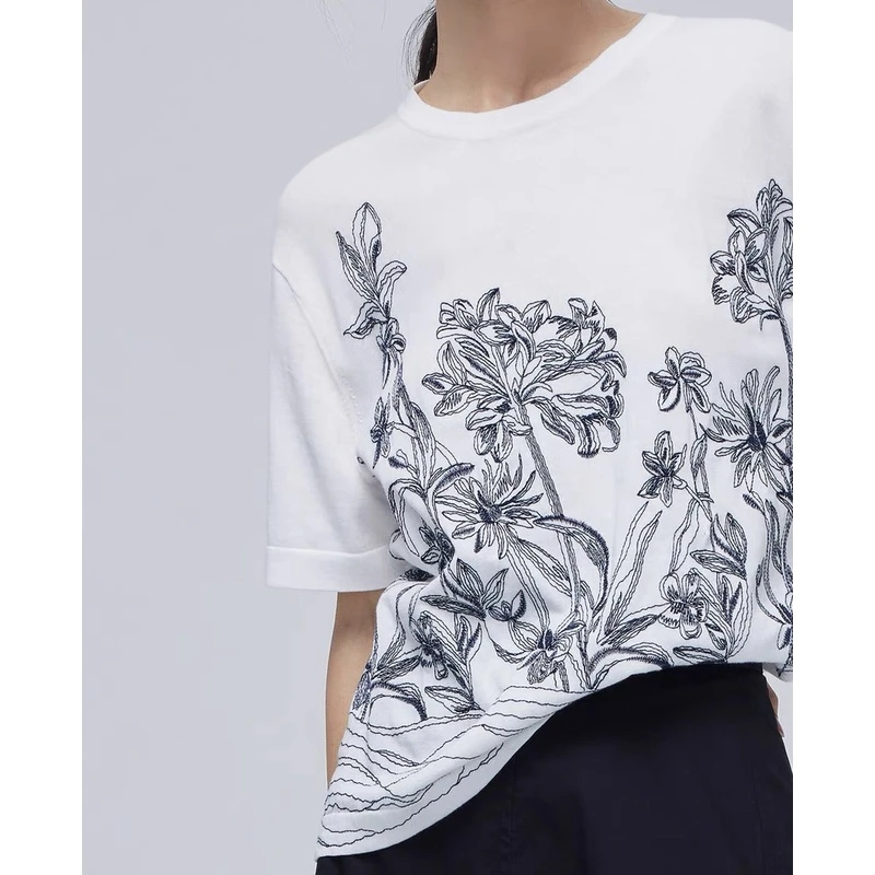 【鄂尔】2024春夏季精仿桑蚕丝重工刺绣宽松针织上衣小衫8617