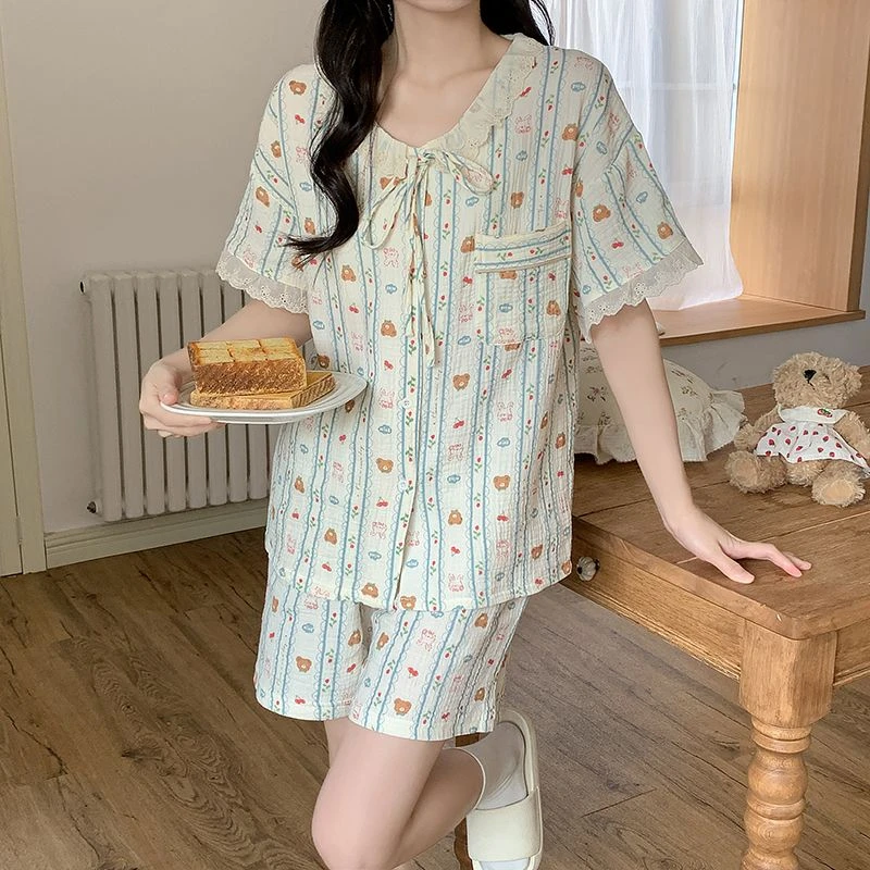 公主风夏季纯棉棉纱100%两层纱可爱少女短袖短裤家居服套装睡衣女