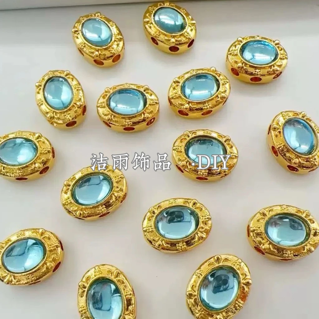 (洁雨饰品 DIY)  T043 金蓝色镶钻椭圆形魔盒八通孔串珠diy配饰
