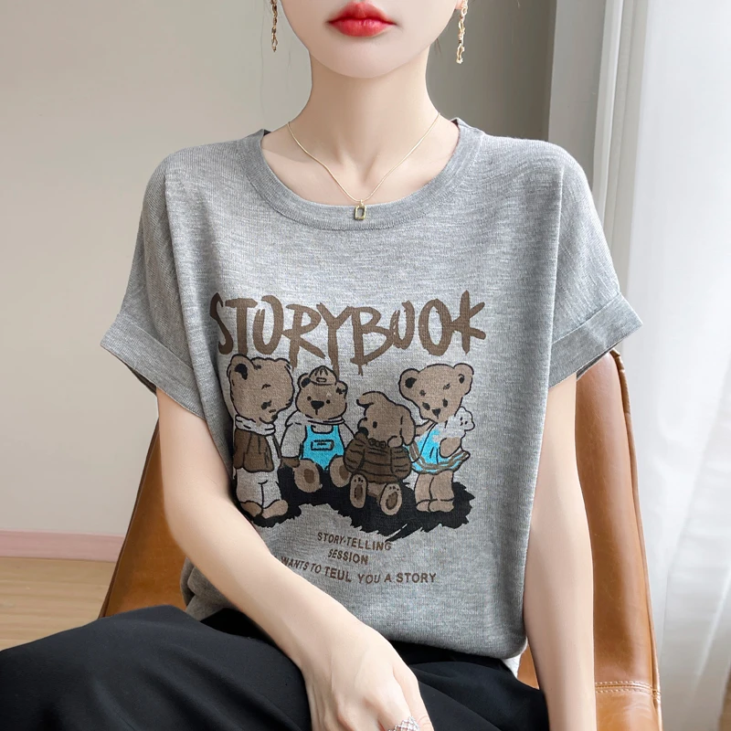 夏季新款竹节麻四只小熊短袖时尚百搭宽松设计感显瘦针织衫