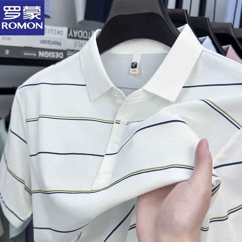 罗蒙夏季含桑蚕丝亲肤条纹短袖T恤男士中老年爸爸装翻领POLO衫男