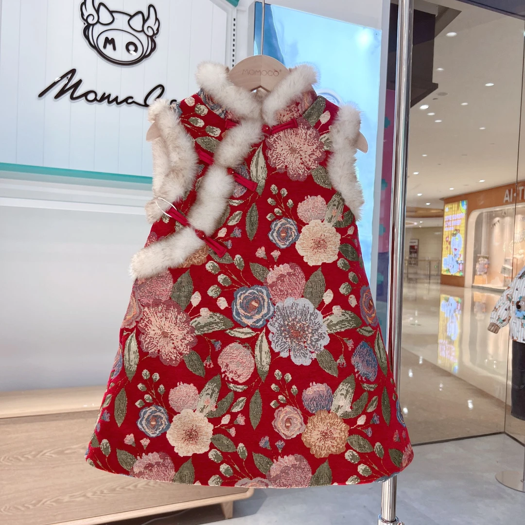 MOMOCO女童冬季新款时尚花开富贵无袖连衣裙75830470009