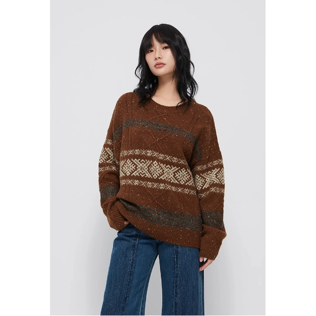 【MonTendre】秋冬新款 M 北欧费尔岛提花上衣撞色宽松针织衫毛衣女