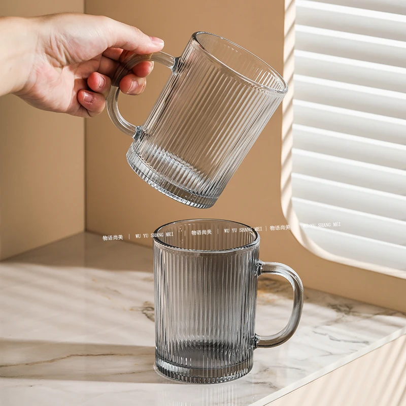 日式竖纹玻璃杯ins高颜值喝水杯子带把茶杯加厚大容量咖啡牛奶杯