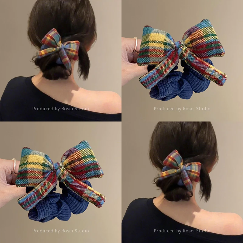 韩版彩虹格子蝴蝶结大肠发圈女高端扎丸子头绳低马尾发饰2025新款