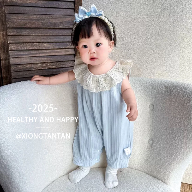 儿童女童连体衣婴儿春夏洋气公主爬服女宝宝夏季条纹蕾丝领小月龄