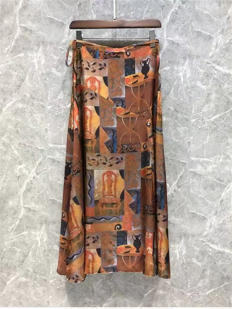 XL腰78长91文艺复古腰带收腰设计微阔开叉遮肉设计感半身裙 1522