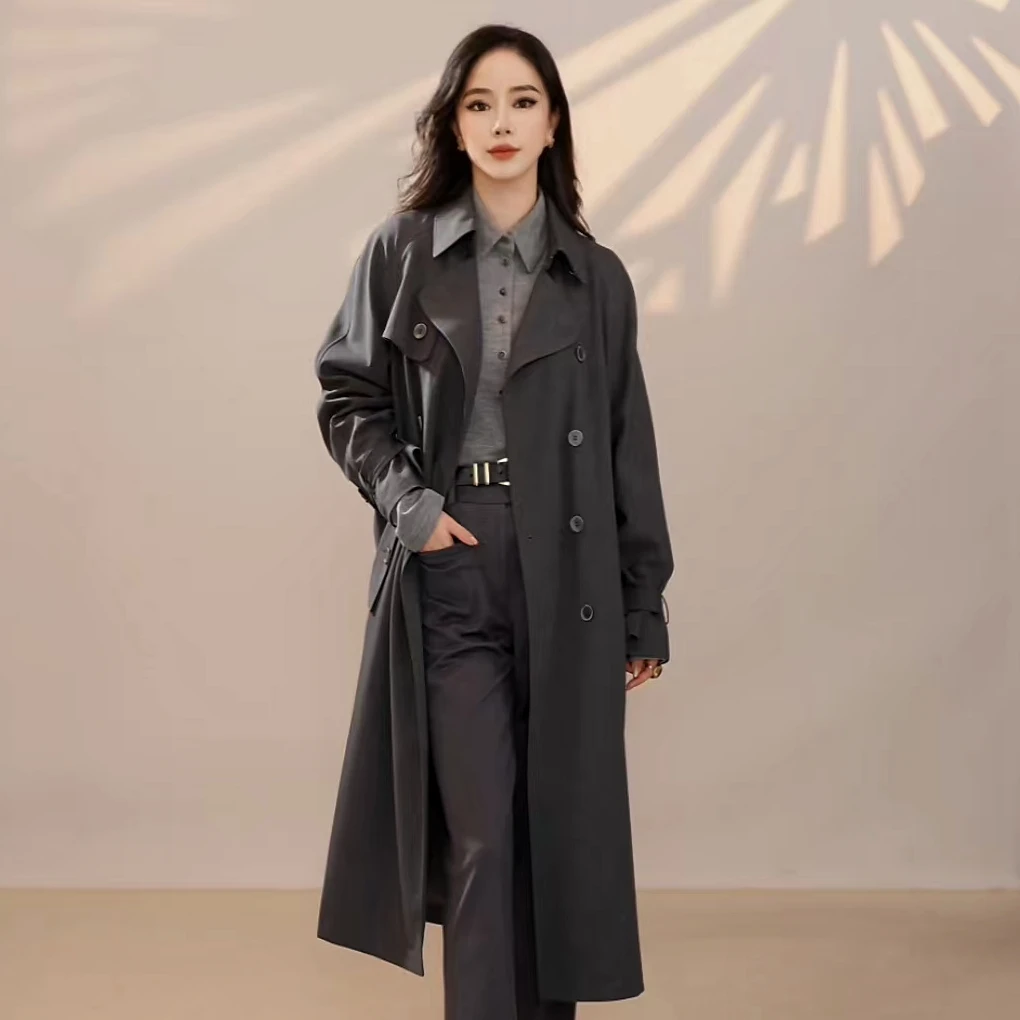 哥弟经典赫本风时尚气质廓形纯色双排扣中长款风衣外套1400164
