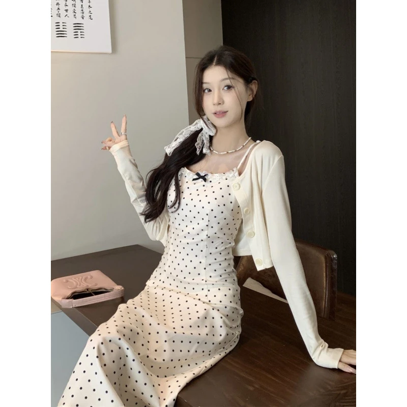 显瘦气质长袖夏季复古收腰修身温柔吊带裙连衣裙女韩系波点蝴蝶结