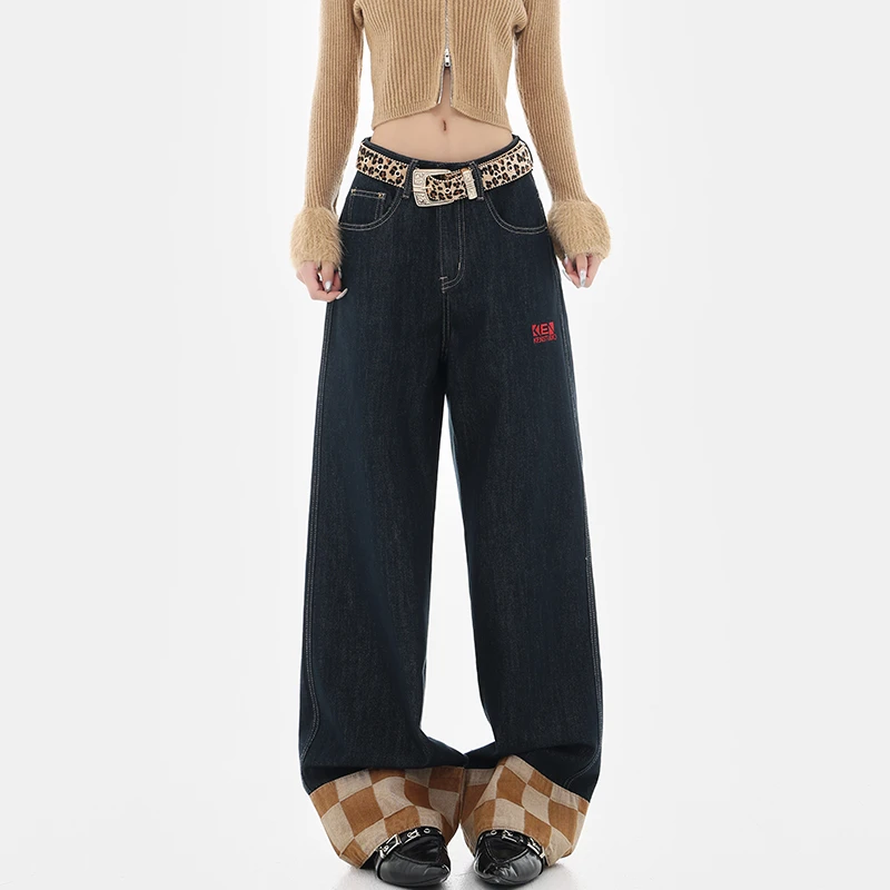 【五折福利】KEN STUDIO原创春季格子拼接卷边设计牛仔裤女阔腿裤