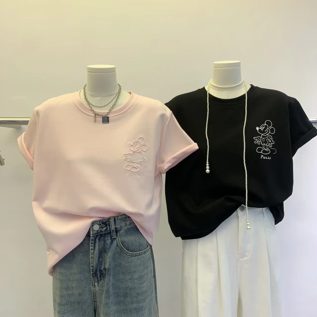 2025春夏新款韩版时尚休闲百搭正肩圆领简约重工米奇刺绣短袖T恤