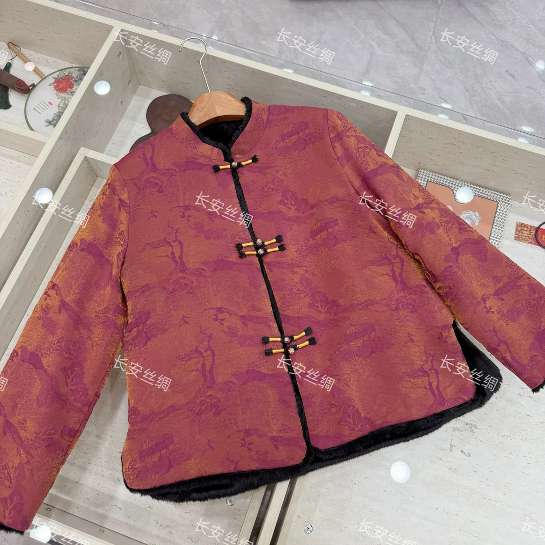 【长安】新中式国风新款亭台楼阁浮光锦双面穿加绒加厚棉衣