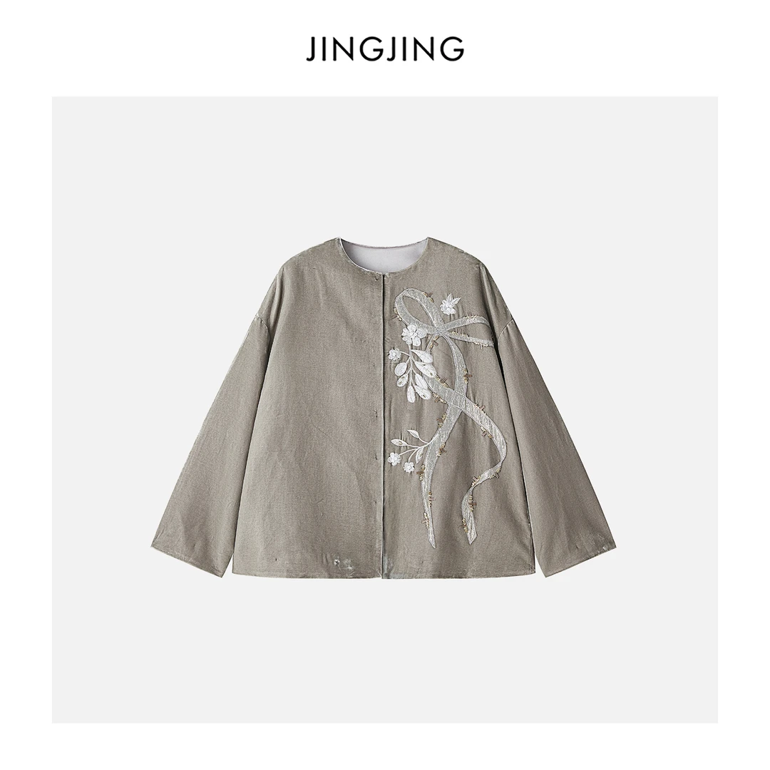 JINGJING2025新款“拈花绣绒  ”真丝银丝绒刺绣东方典雅中式外套