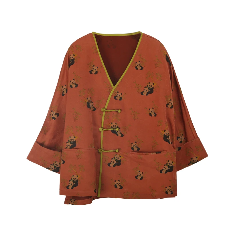 25姆米满桑红云纱花罗缘粉色熊猫双宝V领开襟国风外套12396-5