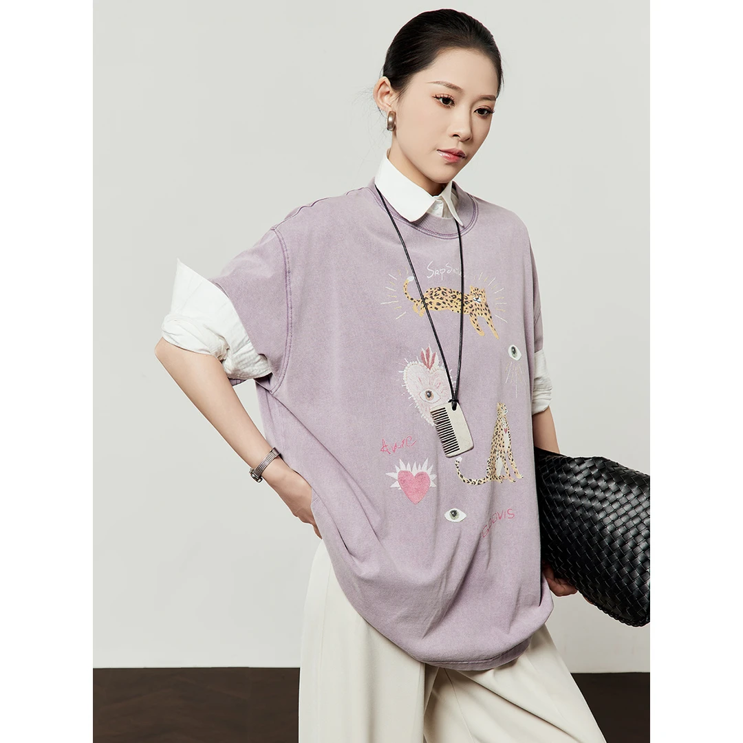 周里物|复古做旧T恤女宽松圆领短袖上衣休闲简约夏季新款2025T恤