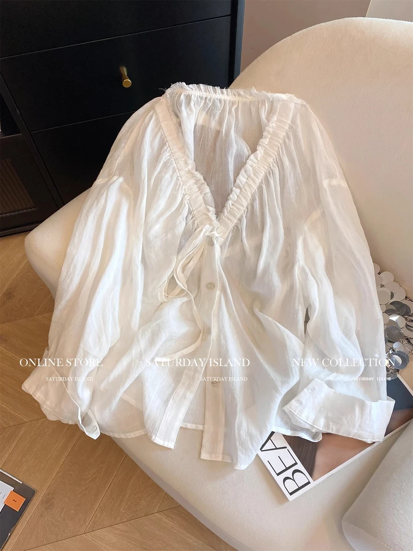 法式v领木耳边长袖衬衫女2025夏季外搭开衫高级感慵懒设计感罩衫