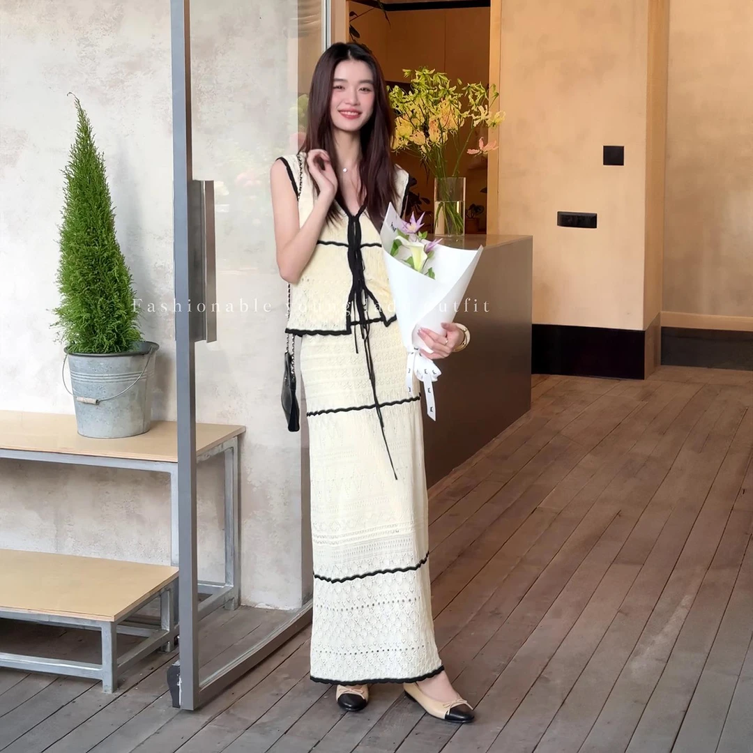 VOCKOO官方RAREZZ针织v领系带小众撞色拼接复古镂空套装