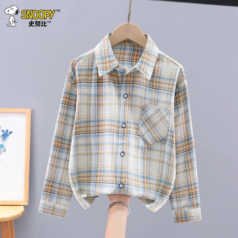 Snoopy/史努比男童春秋长袖格子衬衫儿童翻领衬衣中大童秋装上衣