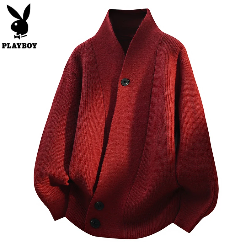 花花公子秋冬季新款开衫毛衣男时尚V领针织外套宽松休闲百搭披肩