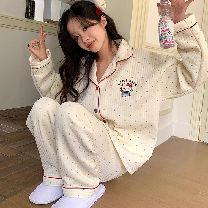 2025秋冬季新款波点睡衣女保暖空气甜美加厚宽松夹棉套装家居服