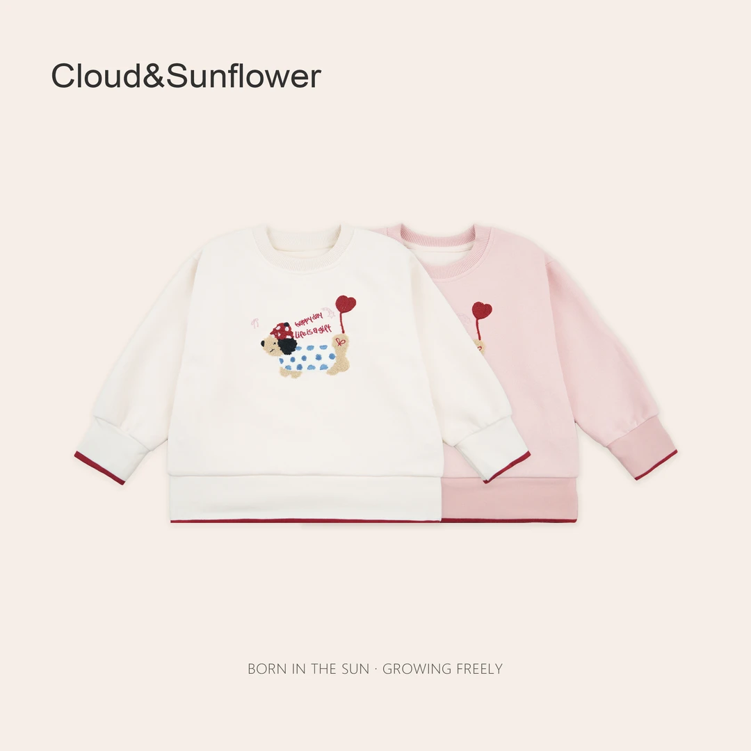 女童春季可爱腊肠狗爱心气球毛巾绣圆领百搭卫衣1113592