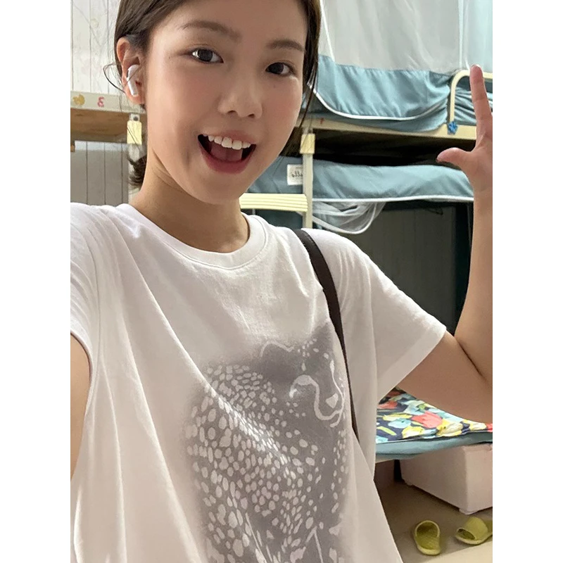 美式独孤金钱豹宽松印花短袖T恤女2025夏季新款显瘦百搭休闲上衣