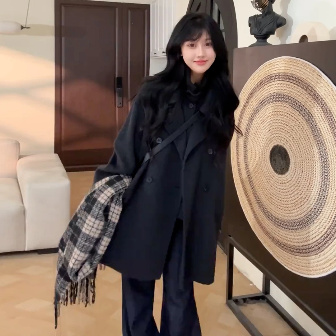 【现货+运补】入冬高级黑色毛呢大衣秋冬季新款中长款呢子外套9557