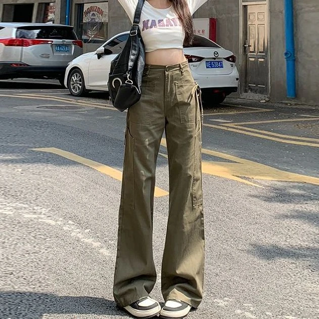 绿色美式工装裤女春夏新款跳舞蹈表演出宽松阔腿显瘦休闲裤子女款