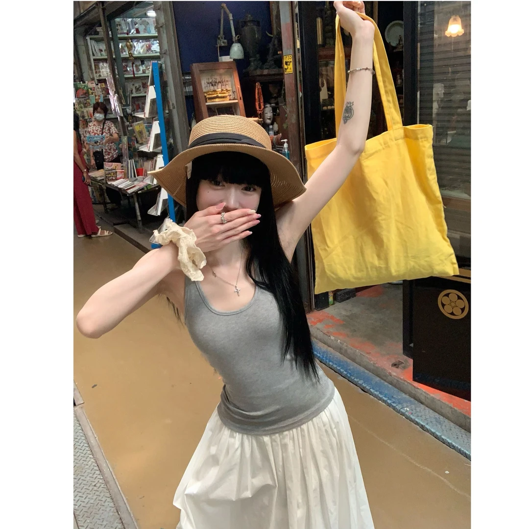 【二姐严选】纯欲风挂脖U领吊带背心女夏季辣妹外穿收腰内搭上衣