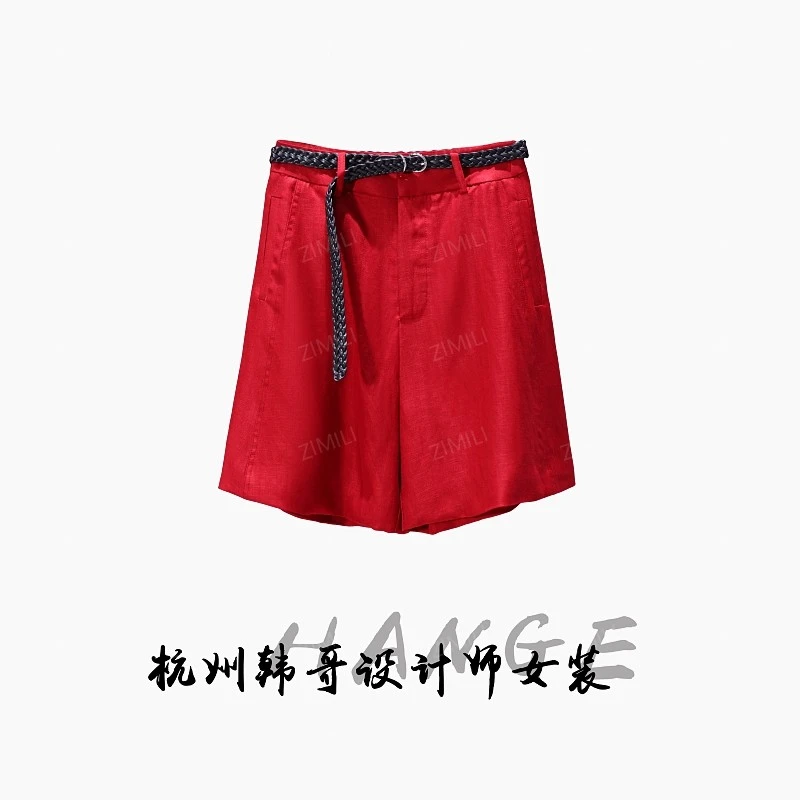 【韩哥女装】2025夏季轻薄透气枣红色高腰时尚休闲A字短裤9357